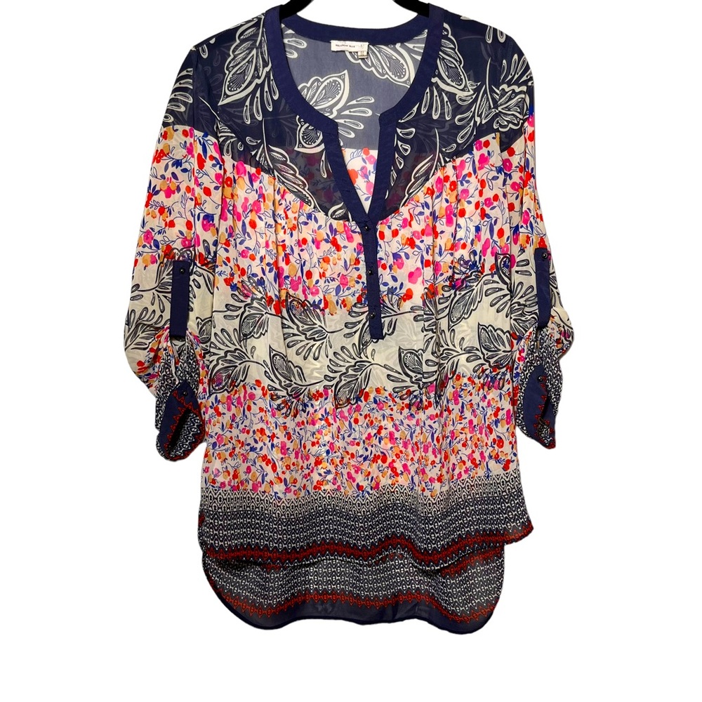 Anthropologie Meadow Rue Floral Sheer Boho Button Tab Sleeve Blouse Medium